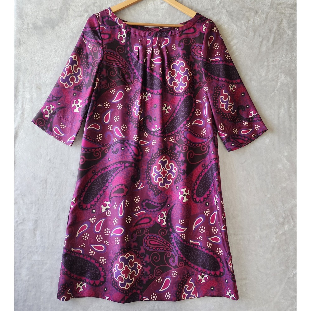Banana Republic Silk Dress Womens Size 12 Paisley Floral Purple Button Back